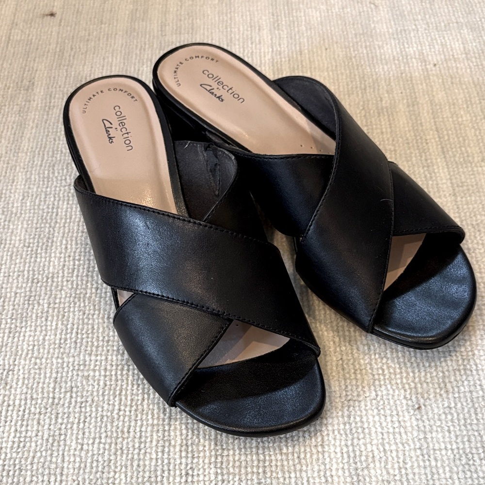 Clarks Women's Black Leather Mules, Comfort Collection.